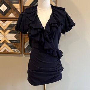 Ralph Lauren Blue Label Vintage Navy Ruffled V-Neck Blouse Medium *As-Is*
